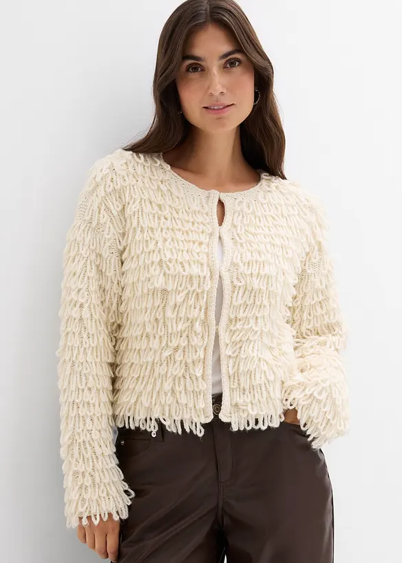 Grobstrickjacke in beige von vorne (im Anschnitt) - bonprix