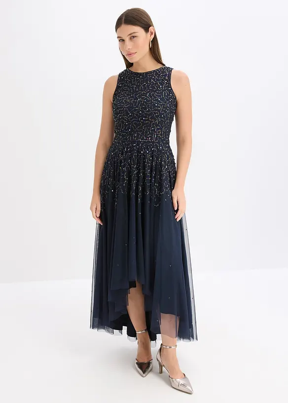 Vokuhila-Kleid mit Pailettenstickerei in blau von vorne (Totalaufnahme) - bonprix Vokuhila-Kleid mit Pailettenstickerei in blau von vorne (Totalaufnahme) - bonprix