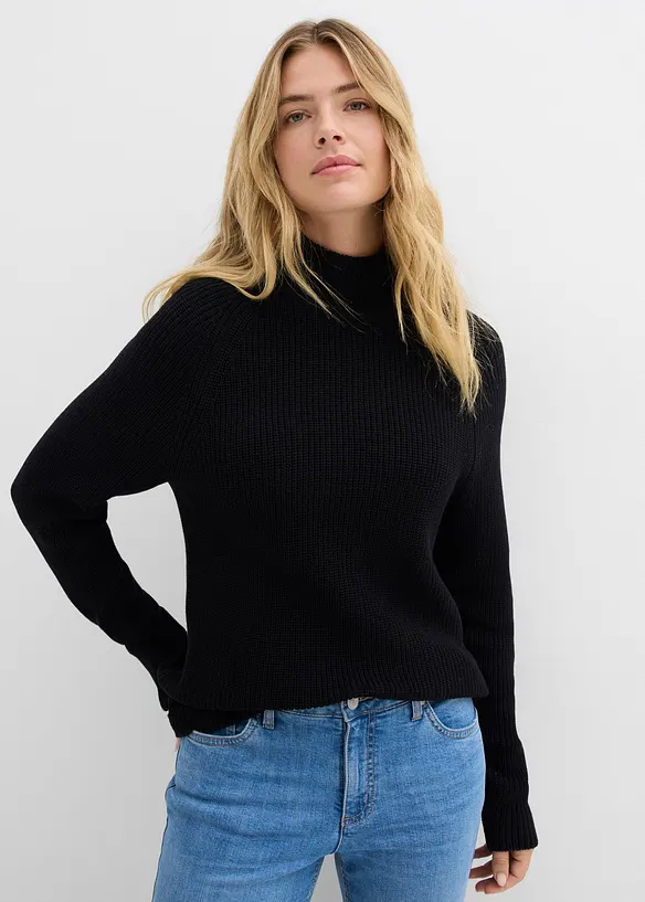 Rippstrickpullover aus reiner Bio-Baumwolle in schwarz von vorne (im Anschnitt) - bonprix