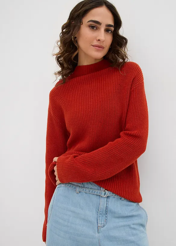 Rippstrickpullover aus reiner Bio-Baumwolle in orange von vorne (im Anschnitt) - bonprix Rippstrickpullover aus reiner Bio-Baumwolle in orange von vorne (im Anschnitt) - bonprix