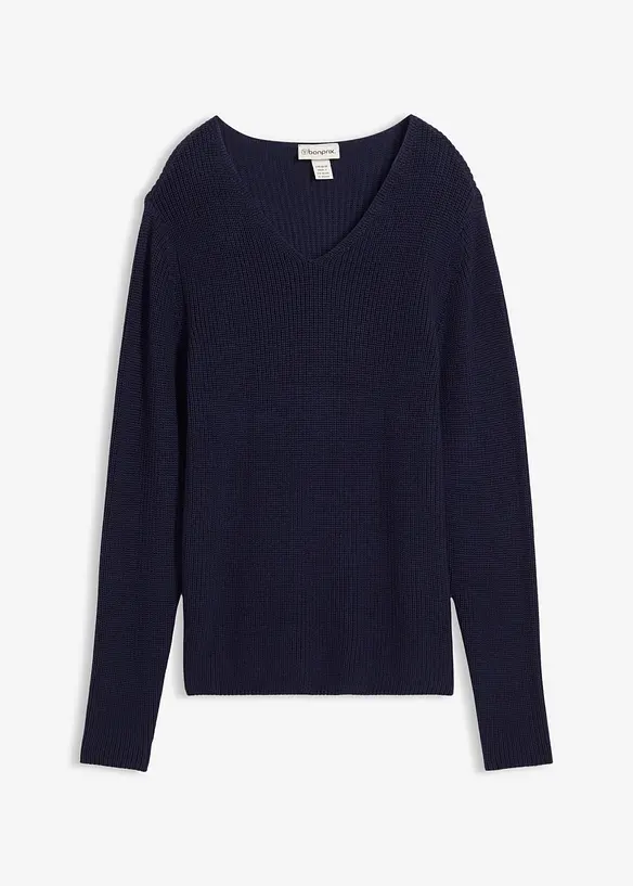 Rippstrickpullover aus reiner Bio Baumwolle in blau von vorne - bonprix