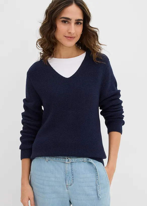 Rippstrickpullover aus reiner Bio Baumwolle in blau von vorne (im Anschnitt) - bonprix