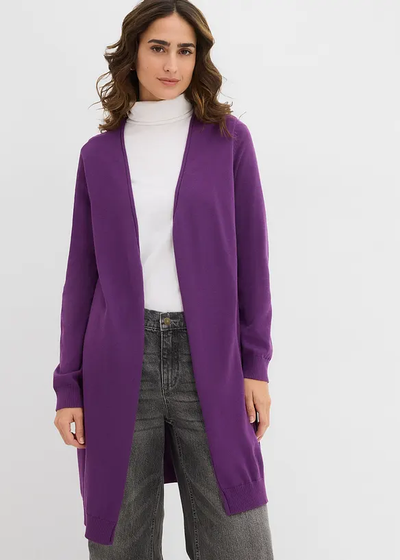 Longstrickjacke mit Rollkanten in lila von vorne (im Anschnitt) - bonprix Longstrickjacke mit Rollkanten in lila von vorne (im Anschnitt) - bonprix