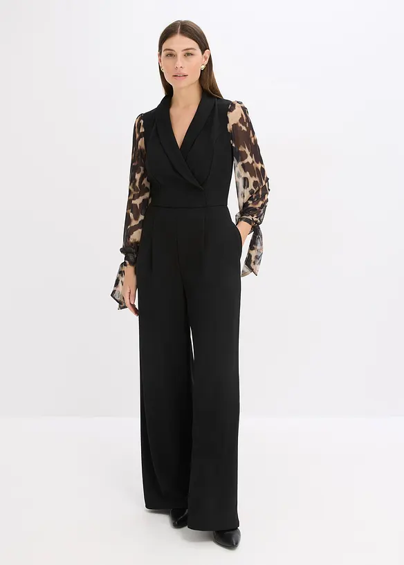 Jersey-Jumpsuit mit Mesh-Ärmeln in schwarz von vorne (Totalaufnahme) - bonprix Jersey-Jumpsuit mit Mesh-Ärmeln in schwarz von vorne (Totalaufnahme) - bonprix