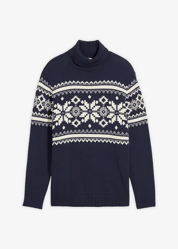 Norweger-Rollkragenpullover aus reiner Baumwolle in blau von vorne - bonprix