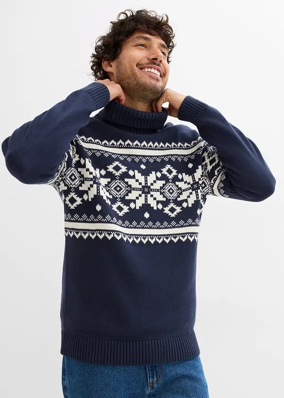 Norweger-Rollkragenpullover aus reiner Baumwolle in blau von vorne (im Anschnitt) - bonprix