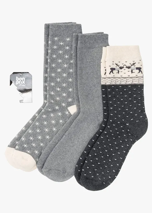 Thermo Socken mit druckfreiem Bund (3er Pack) in grau von vorne - bonprix