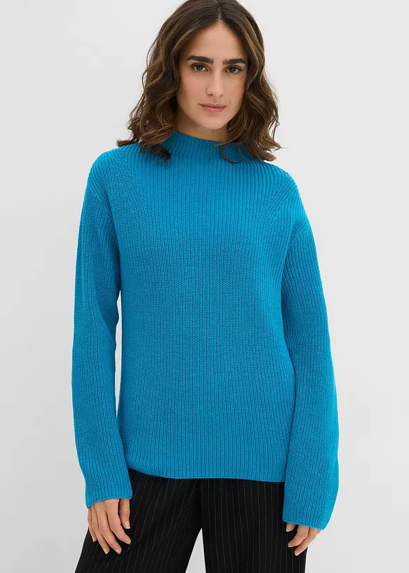 Rippstrickpullover aus reiner Bio-Baumwolle in blau von vorne (im Anschnitt) - bonprix