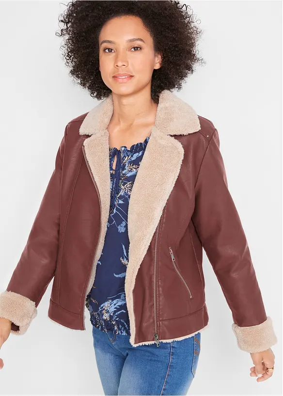 Lederimitat-Jacke, gefüttert in braun von vorne (im Anschnitt) - bonprix