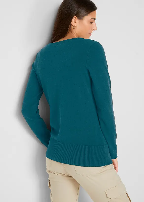 Feinstrickjacke mit recycelter Baumwolle in grün von hinten (im Anschnitt) - bonprix