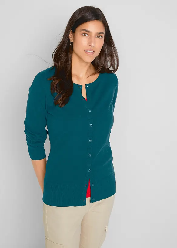 Feinstrickjacke mit recycelter Baumwolle in grün von vorne (im Anschnitt) - bonprix