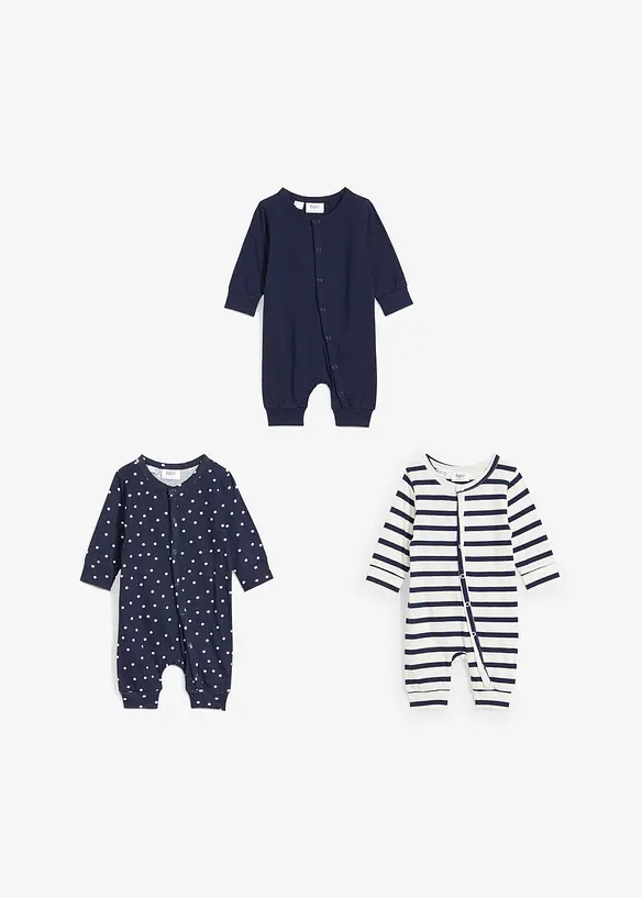 Baby Strampler aus reiner Bio-Baumwolle (3er Pack) in blau von vorne - bonprix