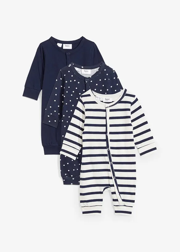 Baby Strampler aus reiner Bio-Baumwolle (3er Pack) in blau von vorne - bonprix