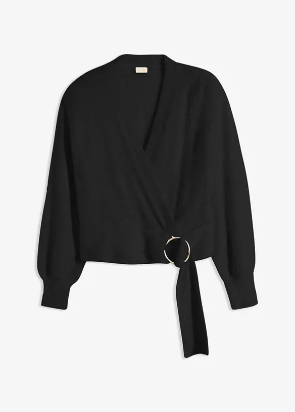 Wickelpullover mit Accessoire in schwarz von vorne - bonprix