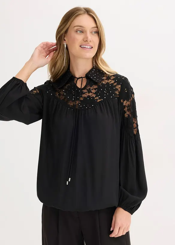 Schlupfbluse mit Spitze in schwarz von vorne (im Anschnitt) - bonprix