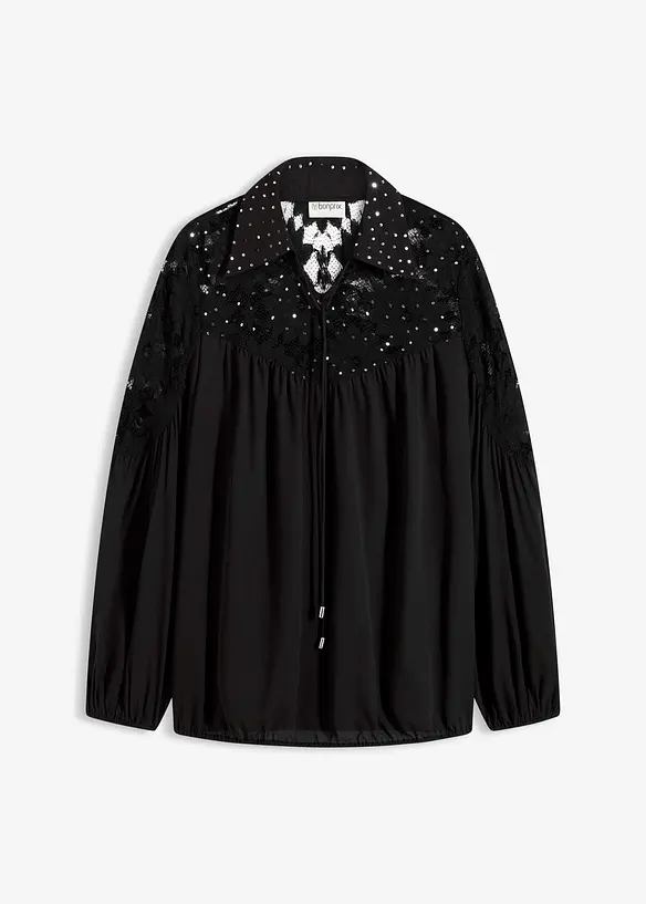 Schlupfbluse mit Spitze in schwarz von vorne - bonprix