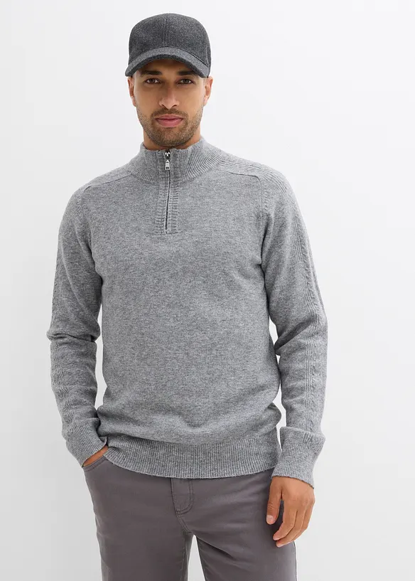 Troyer-Feinstrickpullover mit Wollanteil in grau von vorne (im Anschnitt) - bonprix