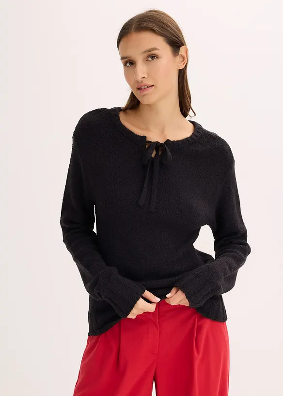 Grobstrick-Pullover mit Bindelösung in schwarz von vorne (im Anschnitt) - bonprix