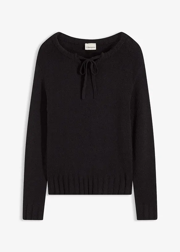 Grobstrick-Pullover mit Bindelösung in schwarz von vorne - bonprix