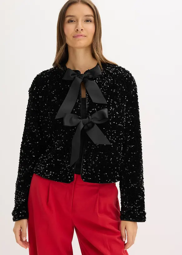 kurze Pailletten-Jacke in schwarz von vorne (im Anschnitt) - bonprix