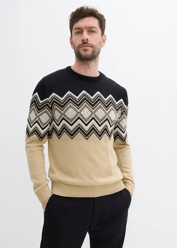 Norweger-Pullover aus weichem Baumwollmix in braun von vorne (im Anschnitt) - bonprix