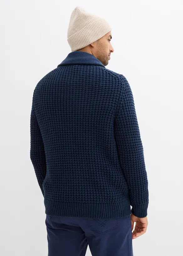 Grobstrick-Schalkragenpullover mit Waffelstruktur in blau von hinten (im Anschnitt) - bonprix