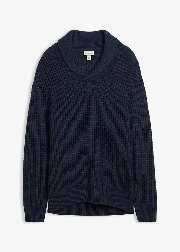 Grobstrick-Schalkragenpullover mit Waffelstruktur in blau von vorne - bonprix