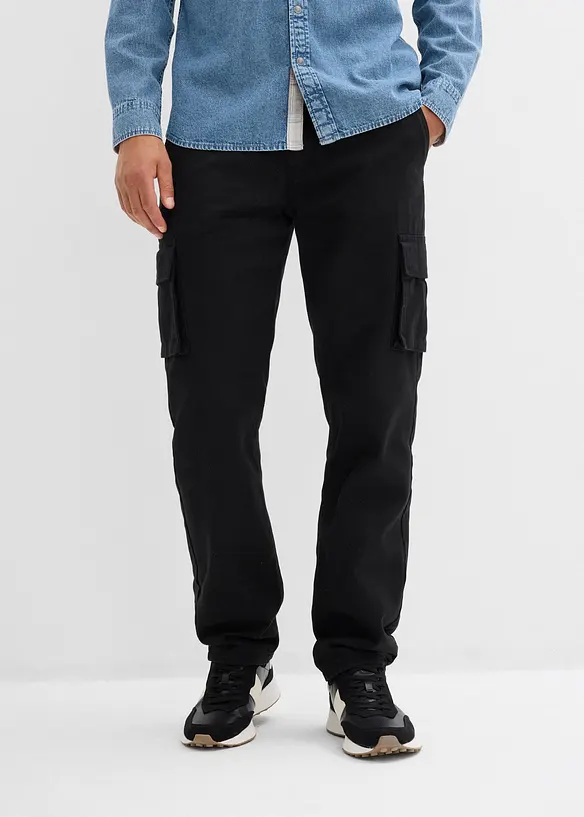 Relaxed Fit Thermo-Cargohose mit Dehnbund, Straight in schwarz von vorne - bonprix