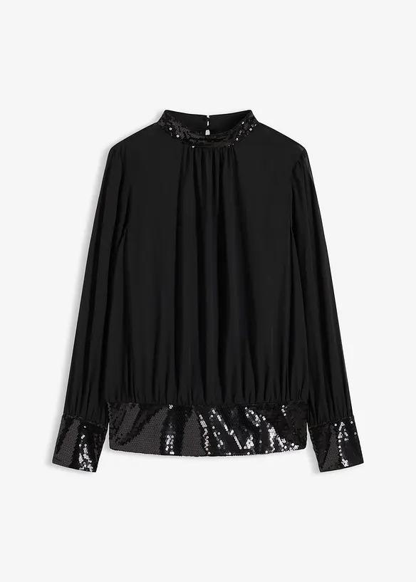 Blusenshirt aus feinem Tüll mit Pailletten in schwarz von vorne - bonprix