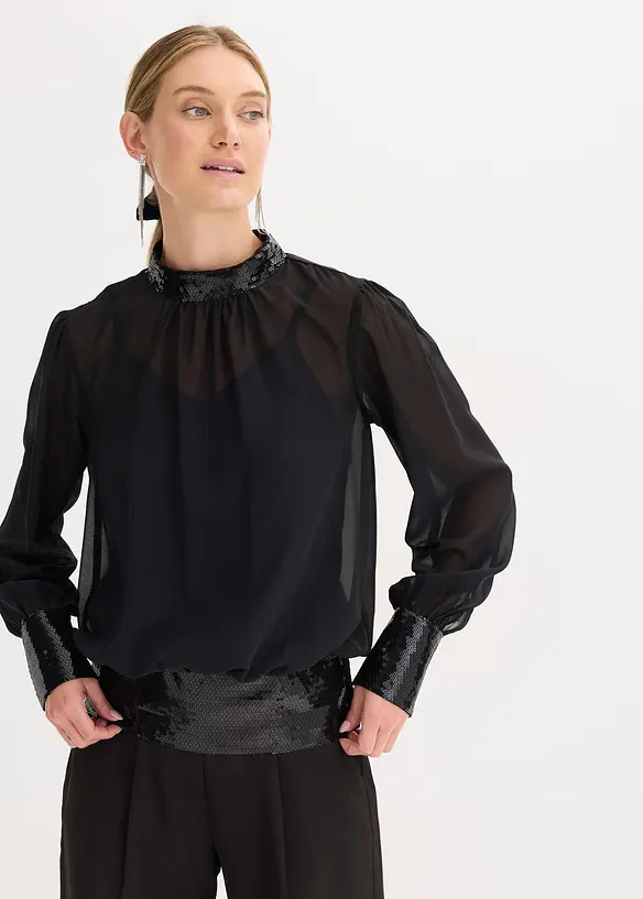 Blusenshirt aus feinem Tüll mit Pailletten in schwarz von vorne (im Anschnitt) - bonprix
