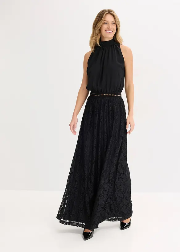 Maxikleid mit Spitzen-Rock in schwarz von vorne (Totalaufnahme) - bonprix