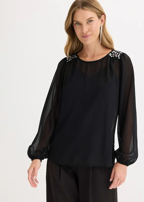 Chiffonbluse mit Strasssteinverzierung in schwarz von vorne (im Anschnitt) - bonprix