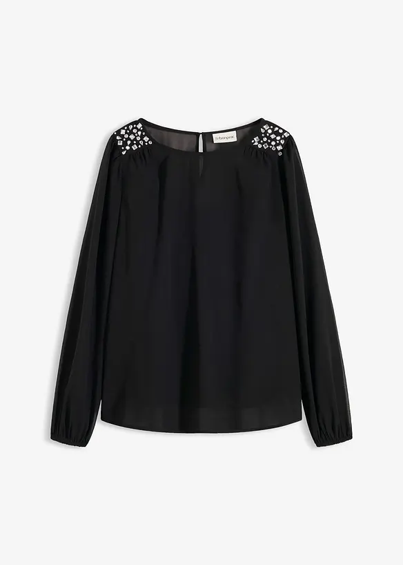 Chiffonbluse mit Strasssteinverzierung in schwarz von vorne - bonprix