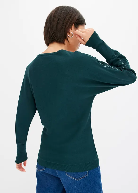 Feinstrickpullover mit Strass-Applikation in grün von hinten (im Anschnitt) - bonprix Feinstrickpullover mit Strass-Applikation in grün von hinten (im Anschnitt) - bonprix