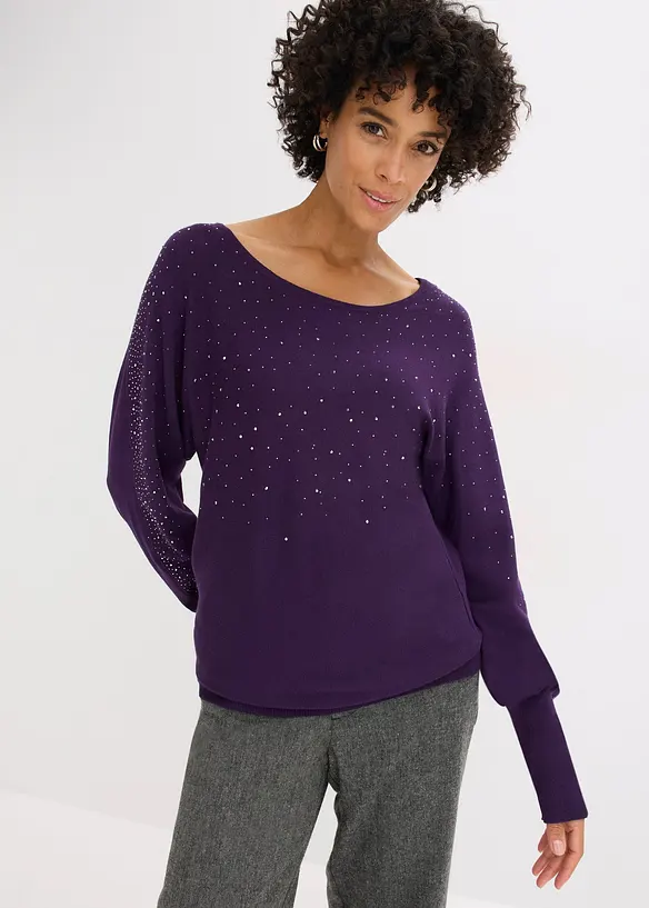 Feinstrickpullover mit Strass-Applikation in lila von vorne (im Anschnitt) - bonprix Feinstrickpullover mit Strass-Applikation in lila von vorne (im Anschnitt) - bonprix