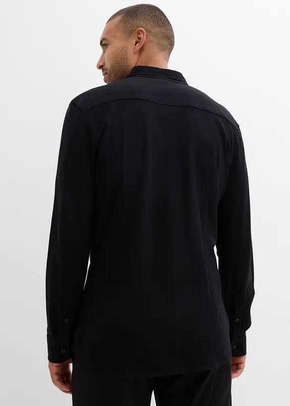 Super-Stretchhemd aus Baumwoll-Piqué in Slim Fit in schwarz von hinten (im Anschnitt) - bonprix