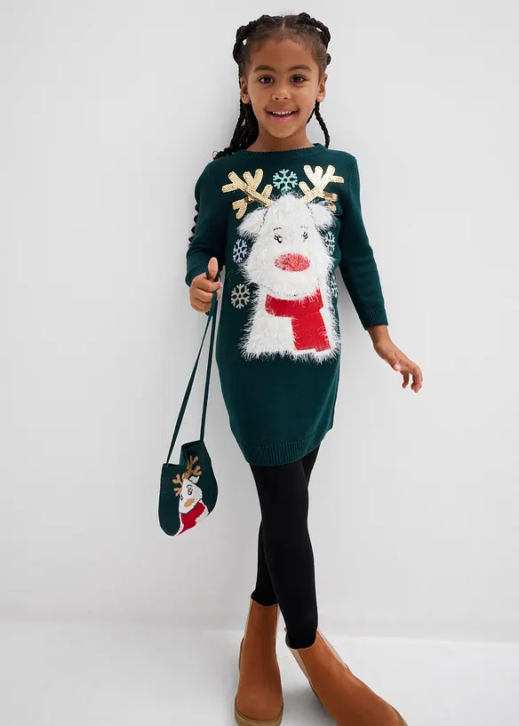 Strickkleid mit Tasche (2-tlg.Set) in grün von vorne (Totalaufnahme) - bonprix