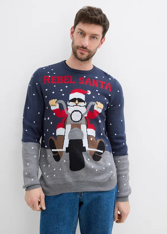 Pullover mit Weihnachtsmotiv in blau von vorne (im Anschnitt) - bonprix