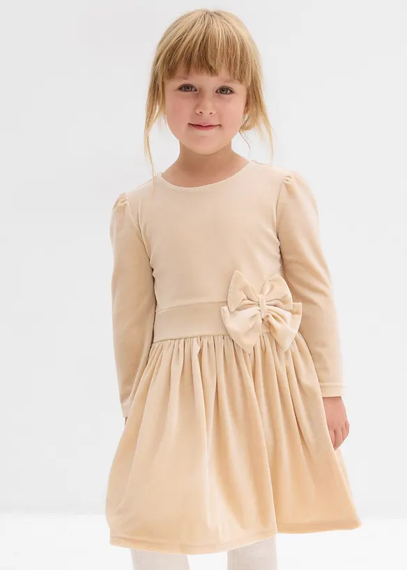 Ausgestelltes Samtkleid in beige von vorne (Totalaufnahme) - bonprix