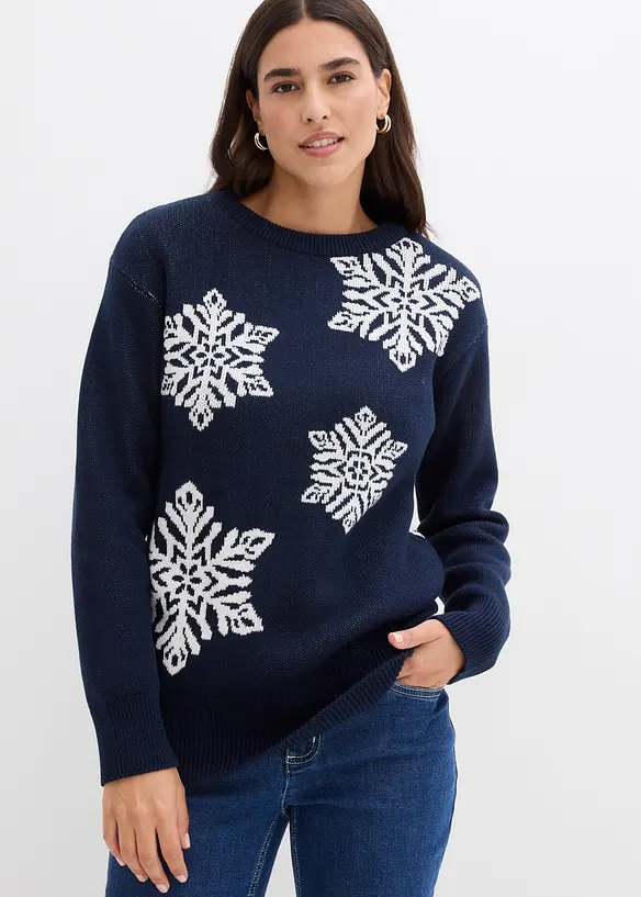 Rundhalspullover mit Schneeflocken in blau von vorne (im Anschnitt) - bonprix Rundhalspullover mit Schneeflocken in blau von vorne (im Anschnitt) - bonprix