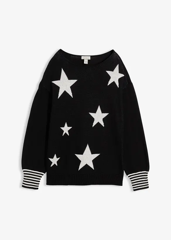 Jacquard-Pullover mit Sternendruck aus Baumwoll-Mix in schwarz von vorne - bonprix