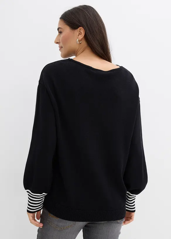 Jacquard-Pullover mit Sternendruck aus Baumwoll-Mix in schwarz von hinten (im Anschnitt) - bonprix