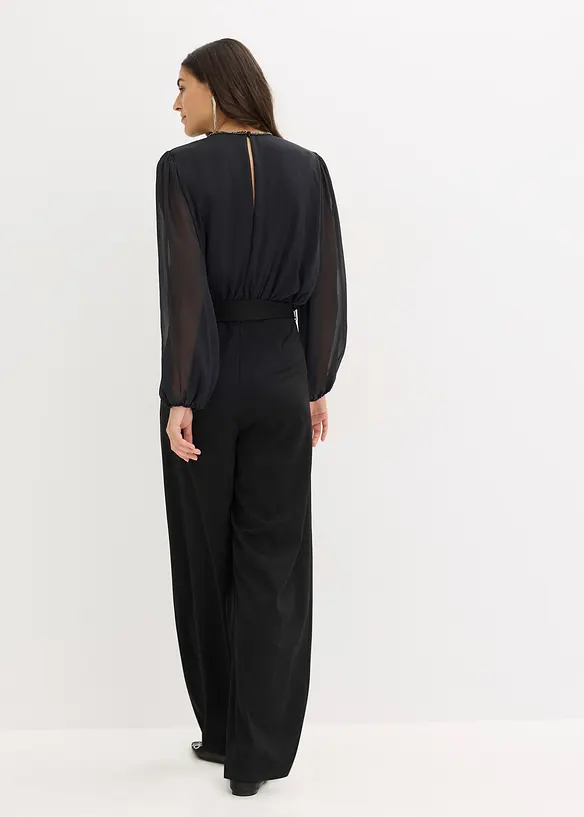 Chiffon Jumpsuit mit Bindeband in schwarz von hinten (Totalaufnahme) - bonprix