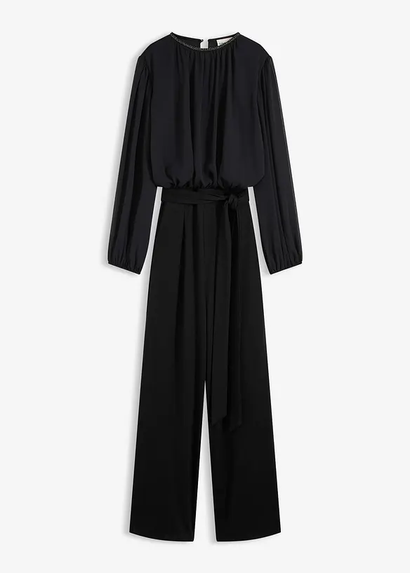 Chiffon Jumpsuit mit Bindeband in schwarz von vorne - bonprix