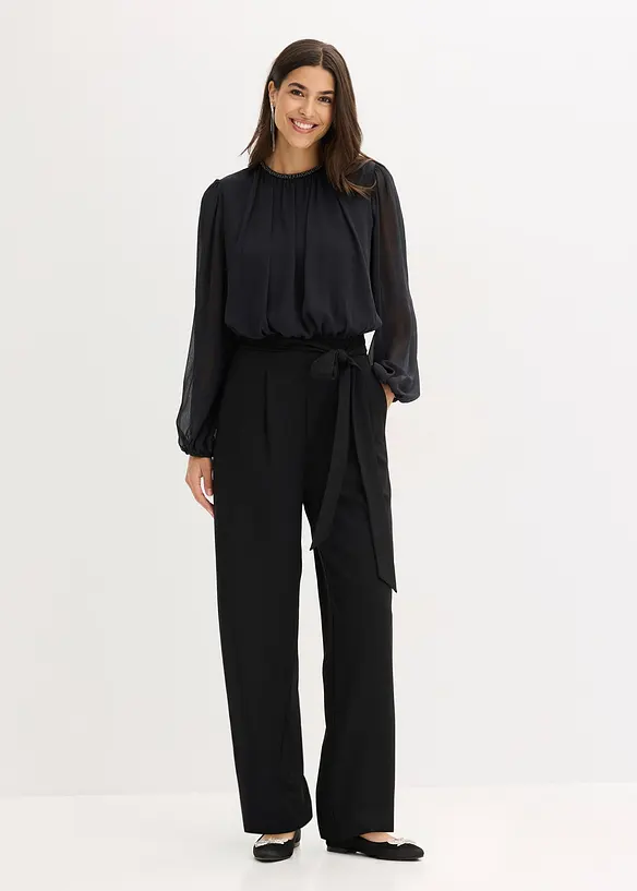 Chiffon Jumpsuit mit Bindeband in schwarz von vorne (Totalaufnahme) - bonprix