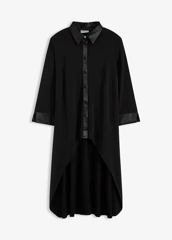 Jersey Bluse mit Satinbesätzen in schwarz von vorne - bonprix