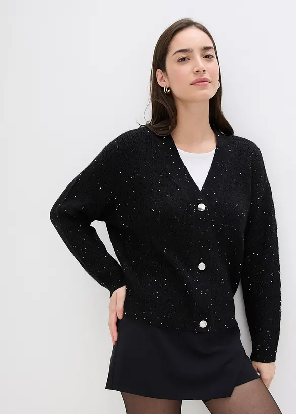Ajour-Strickjacke mit Knopfreihe in schwarz von vorne (im Anschnitt) - bonprix Ajour-Strickjacke mit Knopfreihe in schwarz von vorne (im Anschnitt) - bonprix
