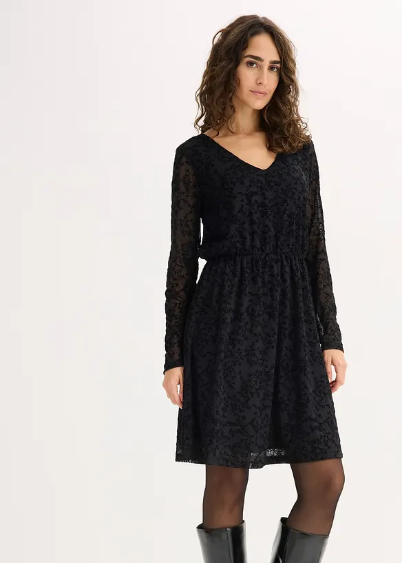 Jerseykleid aus Samt in schwarz von vorne (Totalaufnahme) - bonprix