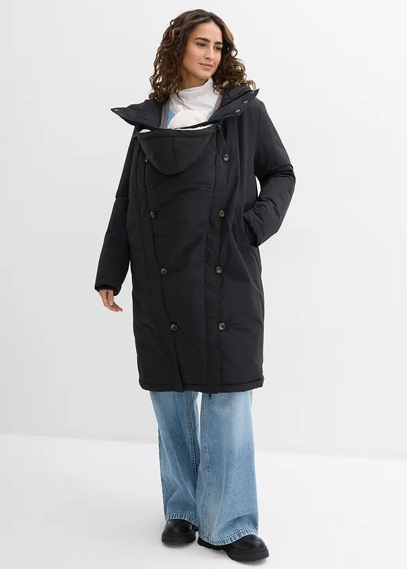 3-in-1 wattierter Umstandsmantel mit Trageeinsatz in schwarz von vorne (Totalaufnahme) - bonprix