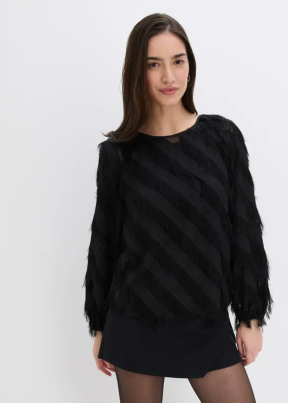 Schlupfbluse mit Fransen-Details in schwarz von vorne (im Anschnitt) - bonprix